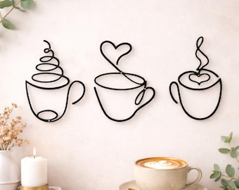 Minimalist Coffee Wall Art Metal Set, Line Art Coffee Cup Decor for Kitchen Café or Coffee Bar, Modern Wall Hanging