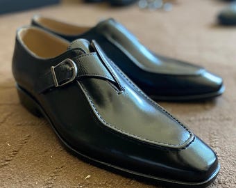 Handmade men black leather monk dress shoes, office formal shoes mens