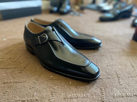 Handmade men black leather monk dress shoes, office formal shoes mens