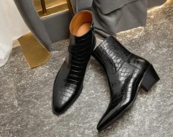 Handgjorda svarta herrstövlar med krokodilstruktur och dragkedja, kubanska klackstövlar för män