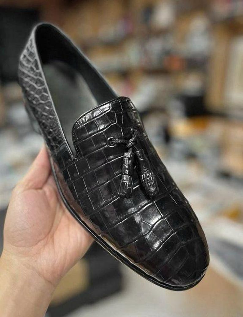 Handmade Men Black Crocodile Texture Moccasin Shoes, Formal Office Slip ...