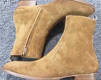 Handgjorda beige mocka herrstövlar med dragkedja, formella ankelstövlar med western cowboystövlar