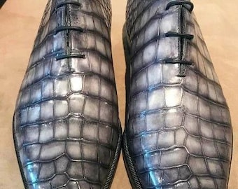 Handmade men gray crocodile dress oxford shoes, formal dress leather shoes mens