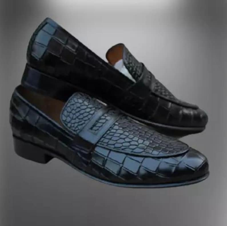 Handmade Men Black Crocodile Texture Moccasin Shoes, Formal Office Slip ...