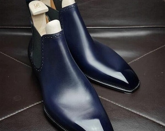 Handmade men blue leather chelsea boots, formal ankle dress boot for men