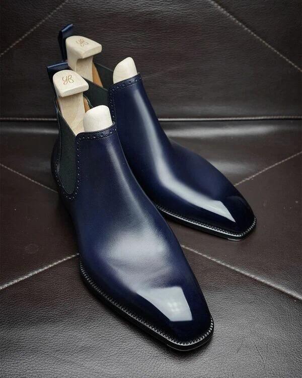 long blue ruffle dress Black Leather Ankle Boots, Men's Dress 1901