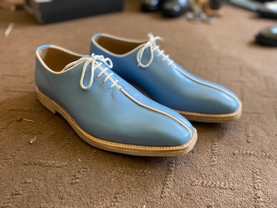 Handmade men blue lace up crepe sole shoes, formal dress party shoes mens