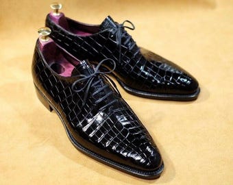 Handmade men black crocodile texture oxford shoes, formal dress office shoes for men