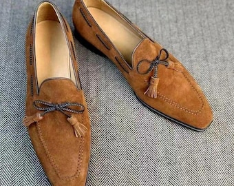 Handmade men beige suede moccasin shoes, formal tassel dress office slip on shoes mens