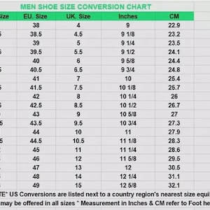 May include: A shoe size conversion chart for men, with US, EU, and UK sizes, along with measurements in inches and centimeters. The chart includes sizes from US 5 to 16, with corresponding EU and UK sizes and measurements.