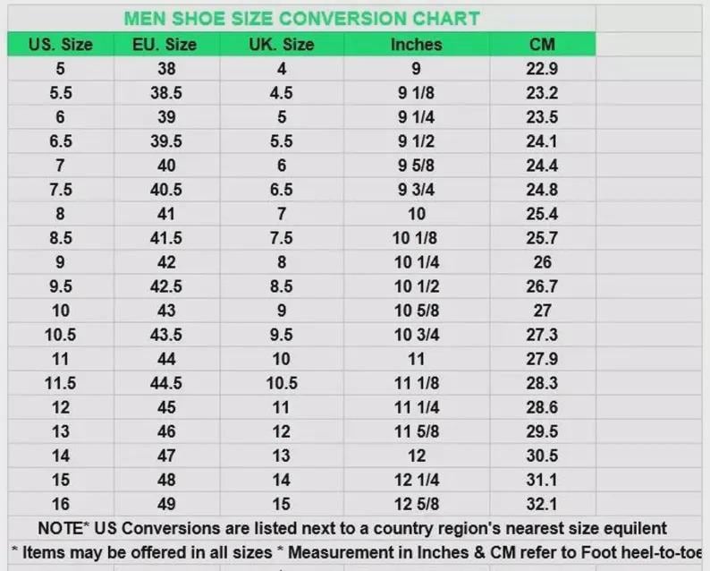 May include: A shoe size conversion chart for men, with US, EU, and UK sizes, along with measurements in inches and centimeters. The chart includes sizes from US 5 to 16, with corresponding EU and UK sizes and measurements.