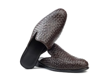 Handmade men brown chitai woven slipper, men formal dress leather loafer shoes