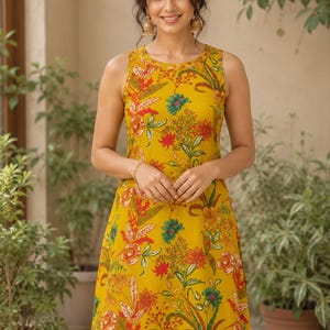Gele bloemen katoenmix Kurta Palazzo-set | Mouwloze zomerkleding