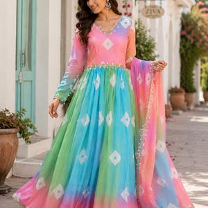 anarkali dress pastel colour Mint Green and Pastel Multi-Shade Sequins Embroidered Satin Anarkali Gown with Dupatta