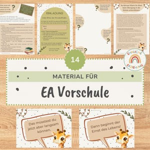Op de afbeelding: Een verzameling educatieve printables voor de voorbereiding op de basisschool, uitgevoerd in een beige en groen kleurenpalet met girafillustraties. De documenten bevatten Duitse tekst, zoals 'Material für EA Vorschule', 'Einladung' en diverse tekstballonnen met zinnen als 'Das müsstest du jetzt aber langsam können' en 'Dann beginnt der Ernst des Lebens'.