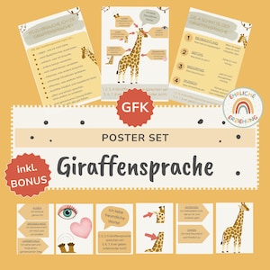 May include: A poster set with the title "Giraffensprache" in large, dark letters. The set includes several illustrated posters with giraffe graphics and German text, including the words "Poster Set" and "inkl. BONUS". The color scheme is primarily yellow and brown.