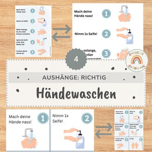 May include: A set of instructional posters for handwashing featuring numbered steps from one to six. The text includes 'Mach deine Hände nass!', 'Nimm 1x Seife!', 'Reibe solange, bis ein toller Schaum entsteht!', 'Spüle die Seife unter dem Wasser ab!', and 'Trockne deine Hände ab!' with illustrations of hands, a faucet, and soap.