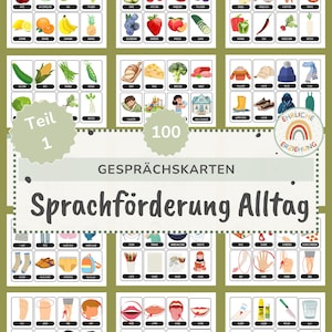 May include: A colorful educational poster with various images of fruits, vegetables, clothing, and body parts. The poster includes the text "Sprachförderung Alltag" and "Gesprächskarten". There are also the words "Teil 1" and the number "100".