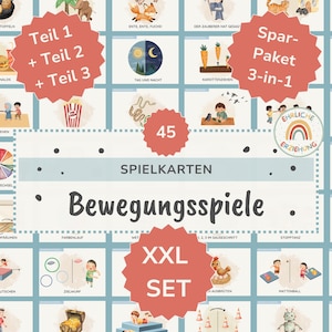 Könnte beinhalten: Ein Satz illustrierter Spielkarten mit verschiedenen Aktivitätsaufforderungen. Die Karten zeigen farbenfrohe Bilder und Texte, darunter "Teil 1 + Teil 2 + Teil 3" und "XXL SET". Das Design ist spielerisch und lehrreich, geeignet für Kinderaktivitäten.