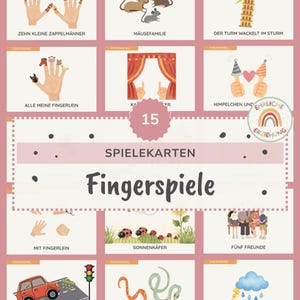 Könnte beinhalten: Ein rosa-weißes Lehrplakat mit verschiedenen Illustrationen und deutschem Text. Das Plakat zeigt Fingerspielaktivitäten, darunter Bilder von Händen, Tieren und anderen Objekten. Das Wort "Fingerspiele" ist deutlich sichtbar.