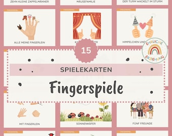 May include: A pink and white educational poster with various illustrations and German text. The poster features finger play activities, including images of hands, animals, and other objects. The word "Fingerspiele" is prominently displayed.