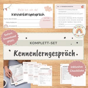 Könnte beinhalten: Ein digitales Set zum Ausdrucken für ein Kennenlerngespräch mit Kind, bestehend aus Formularen mit Feldern für Name, Geburtsdatum und Essgewohnheiten. Die Dokumente enthalten den Text Bald bin ich da, kennenlerngespräch und Ess- & Trinkgewohnheiten.
