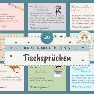 May include: A collection of illustrated cards with German text, featuring children's prayers and table blessings. The cards have a teal and white color scheme, with illustrations of food and children.