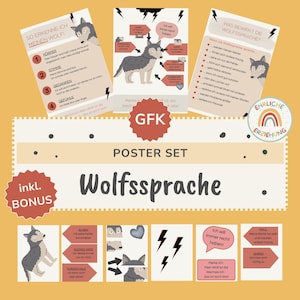 Może przedstawiać: Zestaw plakatów w języku niemieckim zatytułowany "Wolfssprache", z ilustracjami wilka i tekstem. Plakaty zawierają tekst "inkl. BONUS" i "GKF". Zestaw zaprojektowano z jasnym żółtym tłem i różnymi grafikami.