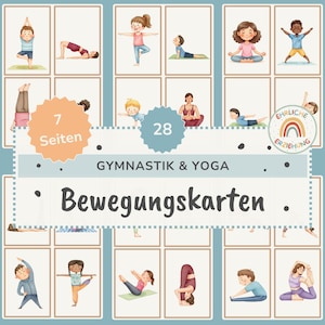Może przedstawiać: Zestaw ilustrowanych kart do jogi i gimnastyki dla dzieci. Karty przedstawiają różne pozycje z kolorowymi ilustracjami dzieci, które je wykonują. Tekst na kartach brzmi "Gymnastik & Yoga Bewegungskarten", "7 Seiten" i "28".