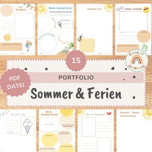 Könnte beinhalten: Eine Sammlung von 15 druckbaren Portfolio-Seiten für Sommer- und Ferienaktivitäten. Jedes weiße Blatt zeigt Illustrationen von Sonnen, Eiscreme, Bienen und Strandartikeln mit leeren Feldern zum Schreiben und Zeichnen. Der Text enthält Titel wie Sommer & Ferien, Unser Kitafest und Meine Sommerferien.