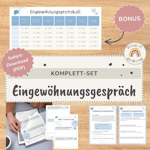 Könnte beinhalten: Ein digitales Set zum Ausdrucken mit dem Titel Eingewöhnungsgespräch und Eingewöhnungsprotokoll, bestehend aus einer blau-weißen Tabelle zur Eingewöhnung, Informationsblättern für Eltern und einem Bonus-Aufkleber mit Regenbogen-Motiv.
