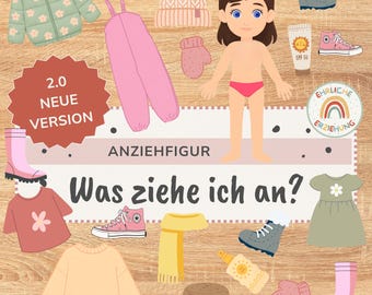 Puede incluir: Un conjunto de muñeca de papel digital que incluye un personaje y varias prendas como una chaqueta verde con flores, un peto rosa, un gorro, manoplas, una bufanda amarilla, un sombrero de paja, vestidos, jerséis, zapatillas, botas y protector solar con texto.