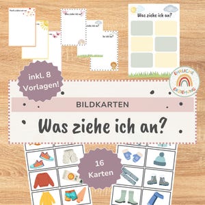 May include: A set of educational flashcards and templates with the text "Was ziehe ich an?" (What am I wearing?). The set includes 16 cards with clothing illustrations, plus 8 templates. The cards feature a variety of clothing items.