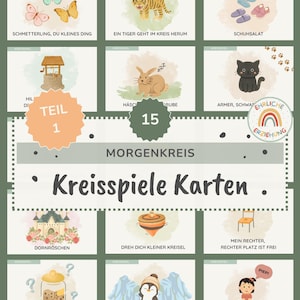 Op de afbeelding: Een kleurrijke educatieve poster met illustraties en Duitse tekst. De poster bevat verschillende afbeeldingen, waaronder een tijger, een kat, een put en een tol. De tekst bevat "Kreisspiele Karten" en "Morgenkreis".