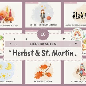 Könnte beinhalten: Ein Satz illustrierter Karten mit dem Text "Herbst & St. Martin." Die Karten zeigen Aquarellillustrationen von Herbstszenen, Kindern mit Laternen und St. Martin zu Pferd. Die Karten sind für Bildungszwecke konzipiert.