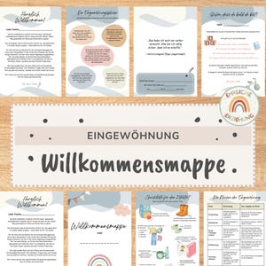 Op de afbeelding: Een verzameling informatieve documenten voor een opvang-introductiemap getiteld Eingewöhnung Willkommensmappe. De pagina's bevatten pastelblauwe en beige abstracte vormen, Duitse tekst, checklists en illustraties van een rugzak, laarzen en een regenboog.