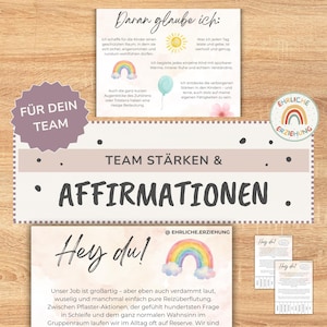 Op de afbeelding: Een verzameling bedrukte kaarten met Duitse tekst, regenboogillustraties en iconen van een zon en ballon. De kaarten bevatten zinnen zoals Daran glaube ich, Team Stärken & Affirmationen en Hey du, met een mauve stervormig label en een ronde sticker.