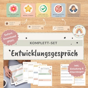 May include: A digital development discussion set for children, featuring five colourful icons with German text, a central title card reading KOMPLETT-SET Entwicklungsgespräch, and several printable document pages with sections for tracking progress and goals.
