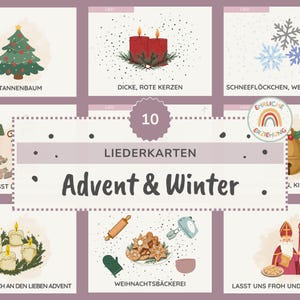 May include: A set of illustrated cards with a winter and Advent theme. The cards depict a Christmas tree, candles, snowflakes, and gingerbread cookies. Text on the cards includes "Advent & Winter" and German phrases.
