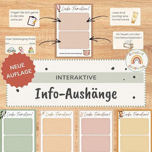 May include: A set of interactive information posters for families featuring a central template with blank fields, surrounded by instructional text boxes in German, including a red starburst label with the text NEUE AUFLAGE and INTERAKTIVE Info-Aushänge.
