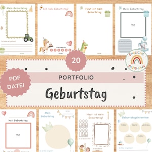 May include: A collection of twenty printable birthday-themed portfolio pages featuring illustrations of tractors, animals, rainbows, and balloons. Each page includes designated spaces for photos, dates, and written notes in German, with a central title banner.