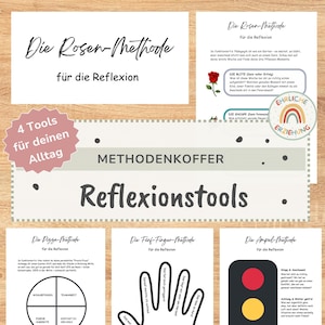 Könnte beinhalten: Eine Sammlung pädagogischer Reflexionstools, bestehend aus der Die Rosen-Methode, Die Pizza-Methode, Die Fünf-Finger-Methode und Die Ampel-Methode. Die Dokumente enthalten Text, eine Rosenabbildung, ein Pizzadiagramm, eine Handumrisszeichnung und eine Ampelgrafik.