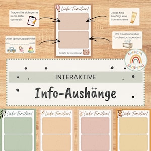 May include: A collection of printable information signs for families featuring a central template with two blank fields, a bear illustration, and text in German. Surrounding signs include instructions for toy days, sunscreen, and tissue donations.