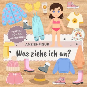 Könnte beinhalten: Ein Anziehpuppen-Set mit einer Zeichentrickfigur und verschiedenen Kleidungsstücken, darunter eine blaue Steppjacke mit Blumenmuster, eine hellblaue Latzhose, eine rosa Shorts, ein blauer Pullover, ein gelber Schal, ein Sonnenhut, rosa Sneaker und Gummistiefel.