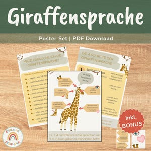 Könnte beinhalten: Ein Posterset mit dem Titel "Giraffensprache" und dem Untertitel "Poster Set | PDF Download". Das Set enthält Lehrmaterialien mit Illustrationen von Giraffen und Text auf Deutsch. Das Set enthält einen Bonus.