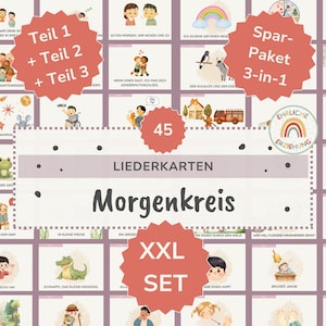 Könnte beinhalten: Eine Sammlung illustrierter Karten mit deutschem Text, die Kinderlieder und Aktivitäten zeigen. Die Karten sind in einem Raster angeordnet, mit Titeln wie "Morgenkreis" und "XXL SET" in großer Schrift. Das Gesamtthema ist Bildung.