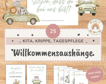 May include: A collection of 25 printable welcome signs for daycare and nursery settings featuring watercolour illustrations of animals in cars, including a hippo, elephant, lion, and zebra, with German text including Willkommensaushänge.