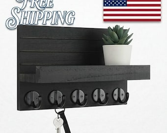 Rustic Wooden Key Holder Shelf – Farmhouse Entryway Organizer with Hooks