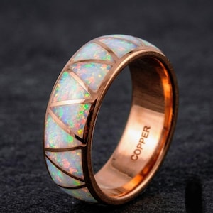 Opal Copper Inlay | Crushed Fire Opal Wedding Band | Minimalist Promise Ring