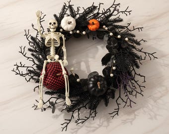 Halloween Wreath | Skeleton Pumpkin Door Decor | Spooky Front Door Wreath | Gothic Halloween Decoration